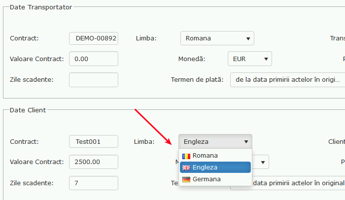 Selectare limbă dosar 24TranSoft